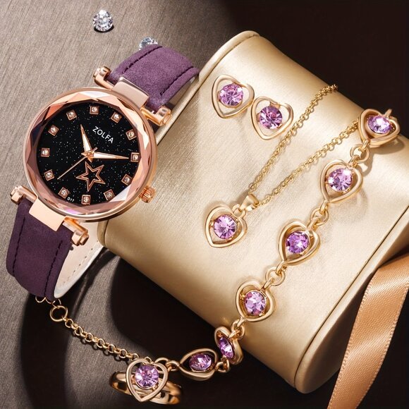 5 pcs Quartz Pu Leather Wrist Watch and Necklace Set